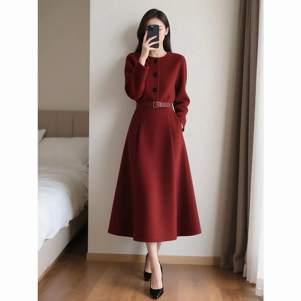Women'S Red Formal Wear - فستان طويل الأكمام بحزام خصر بتصميم